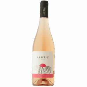 Botella de vino rosado Alútiz de Rioja Alavesa con etiqueta blanca y detalles en rosa