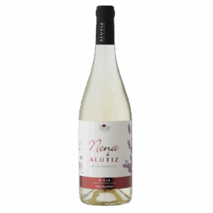 Botella de vino blanco semidulce Nena de Alútiz de Rioja Alavesa, con etiqueta blanca y detalle de racimo de uvas