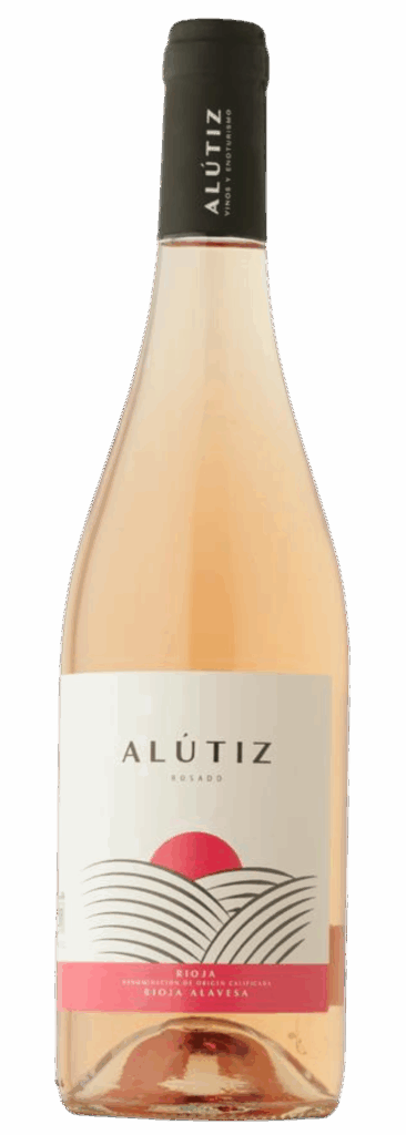 Copia de Diseno sin titulo 91 - Bodegas Alútiz en Samaniego, corazón de La Rioja Alavesa �. Vinos premium con D.O. Calificada, elaborados con tradición familiar desde 1956. Descubre nuestra colección y compra online. Autenticidad y terruño único en cada botella Botella de vino rosado Alútiz de Rioja Alavesa con etiqueta blanca y detalles en rosa